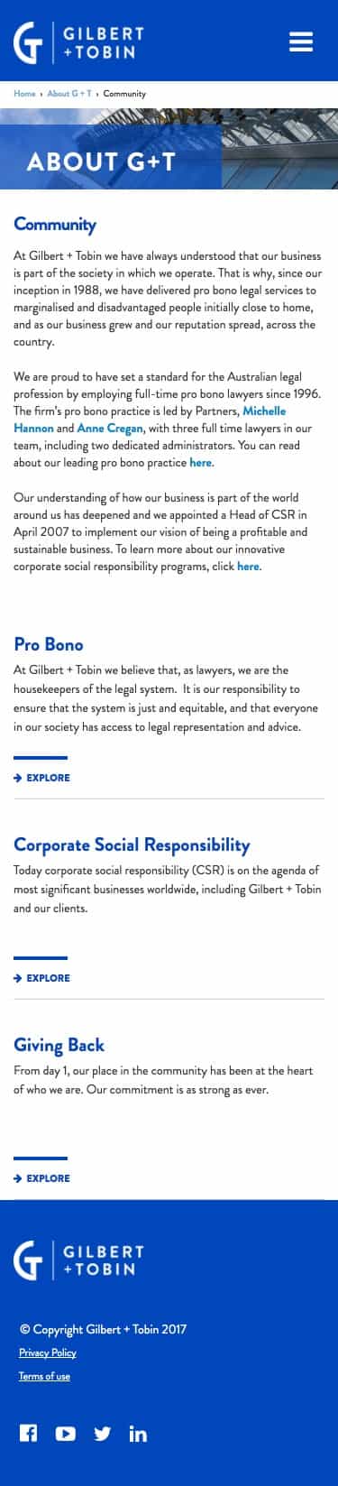 Gilbert + Tobin Lawyers | Frontend Website Build community page