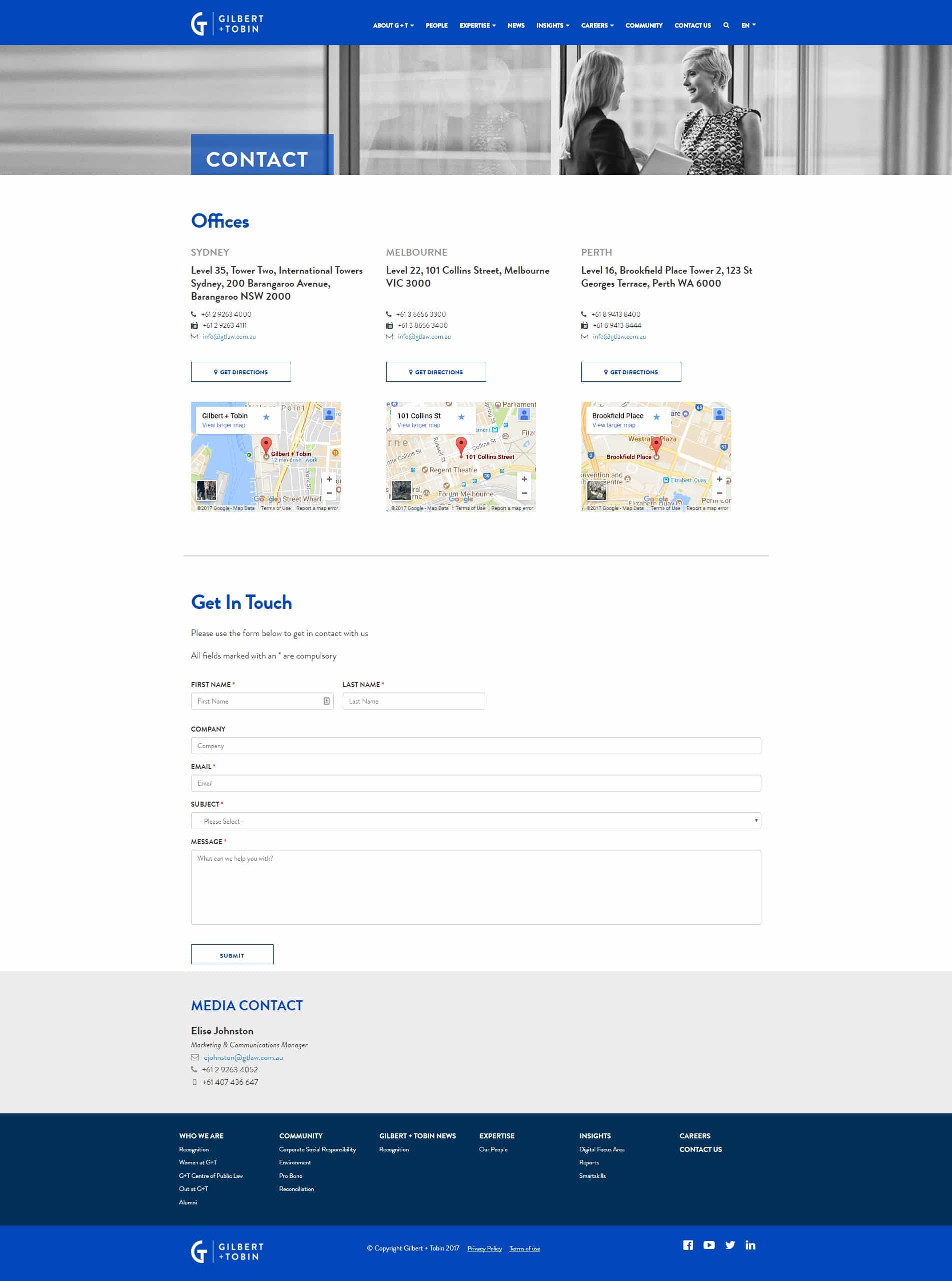 Gilbert + Tobin Lawyers | Frontend Website Build contact page