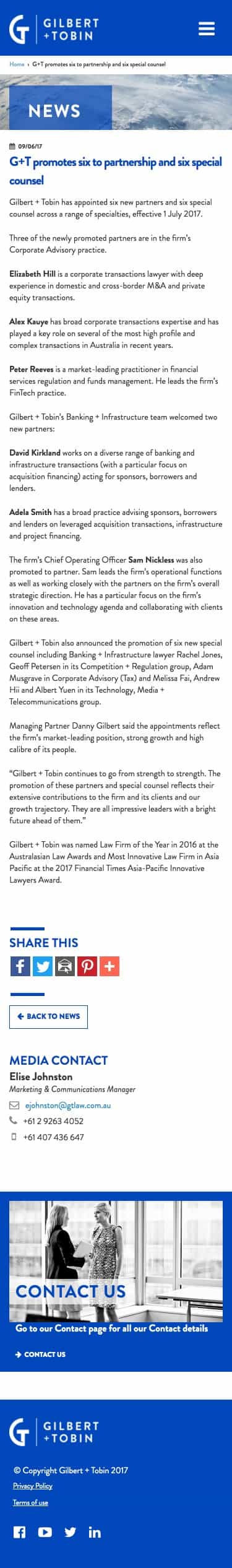 Gilbert + Tobin Lawyers | Frontend Website Build news detail page